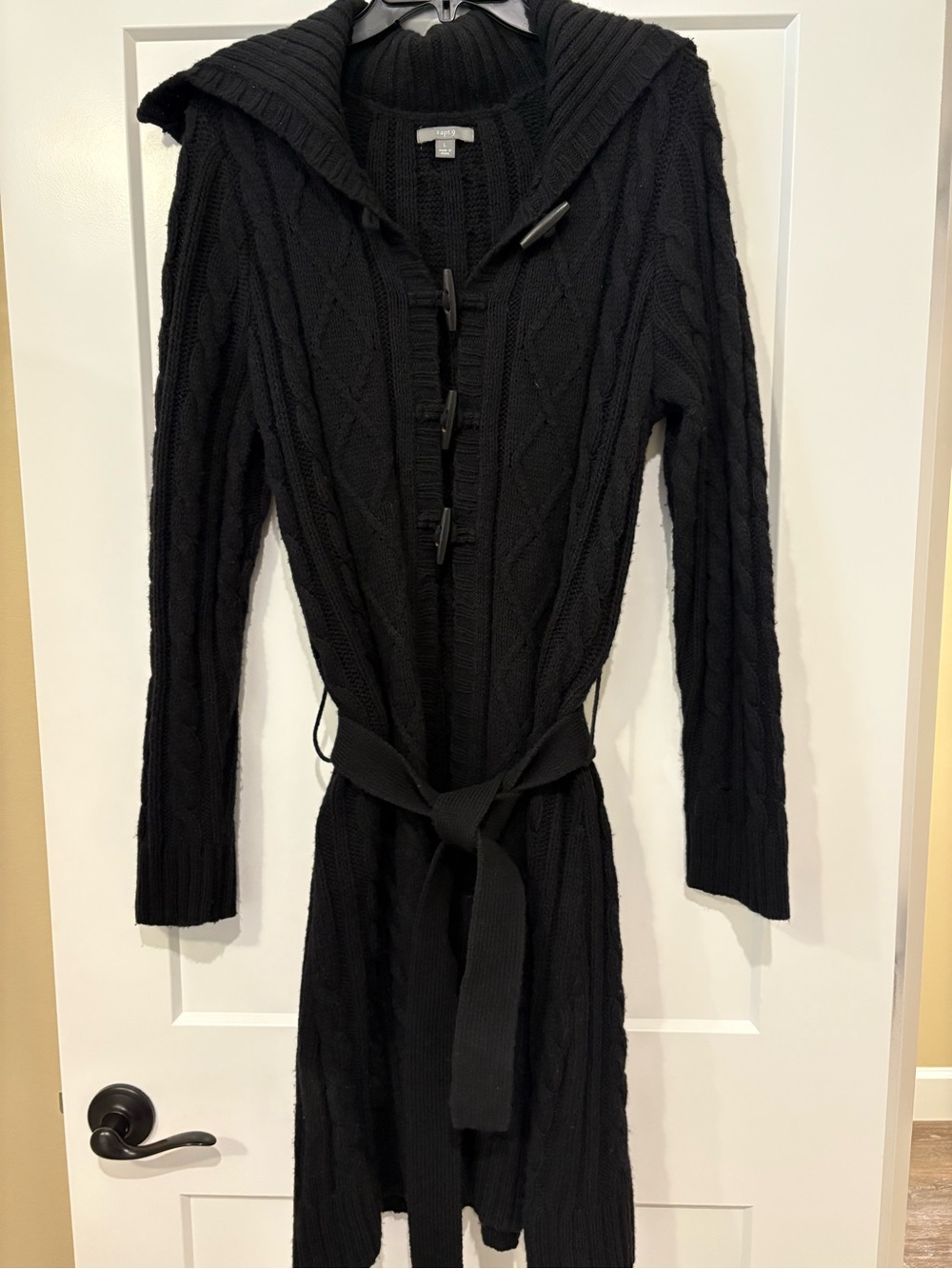 Apt 9 Black Cable Knit Hooded Sweater Coat Womens Large Toggle Front Belted